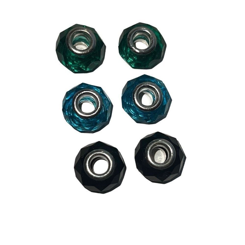 Vintage 6 Piece Hand Blown Glass Beads Floral Charm Black Green Blue Jewelry